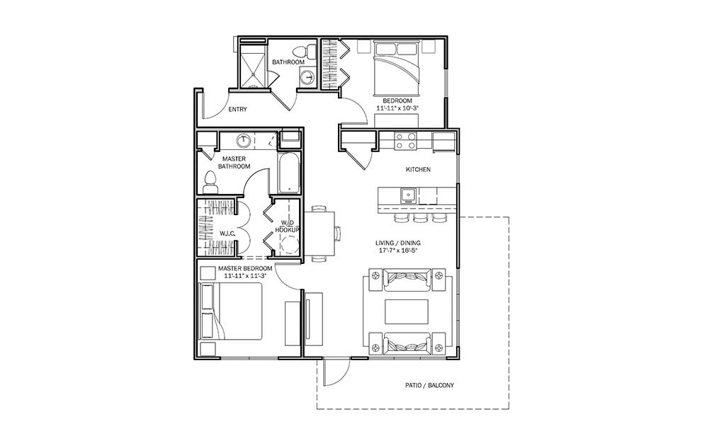 Lantana - 2 bedroom floorplan layout with 2 bath and 1079 square feet (1st floor 2D)