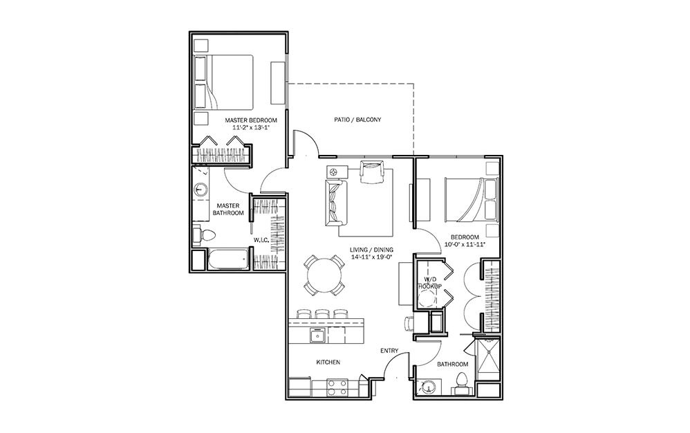 Texas Paintbrush - 2 bedroom floorplan layout with 2 bath and 1079 square feet (1st floor 2D)