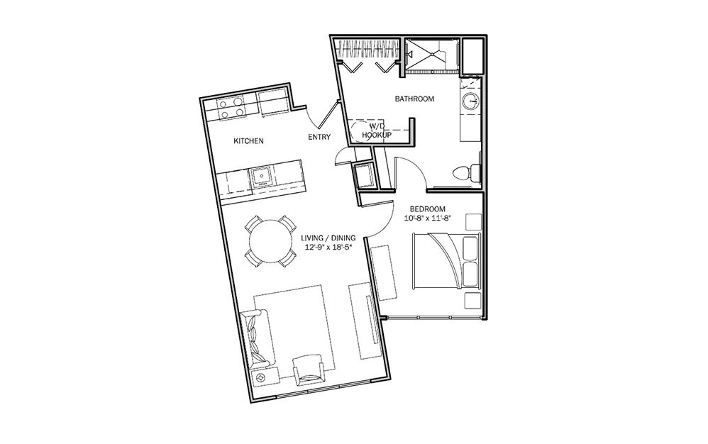 Goldenrod - 1 bedroom floorplan layout with 1 bath and 705 square feet (1st floor 2D)
