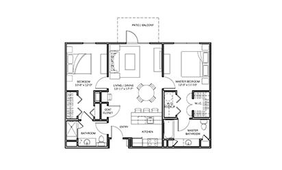 Buttercup - 2 bedroom floorplan layout with 2 bath and 1001 square feet